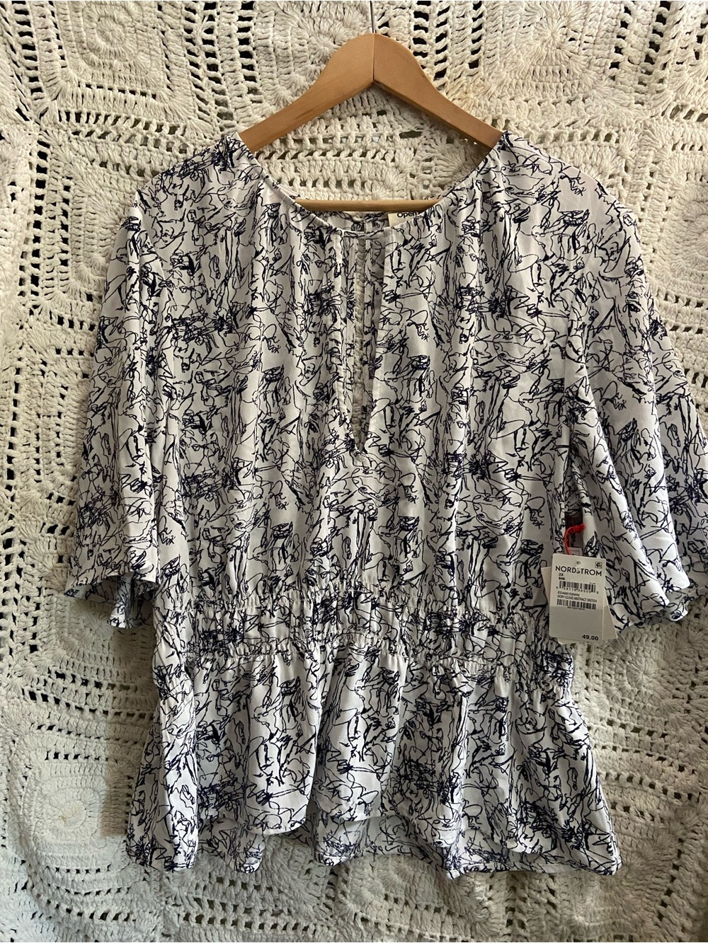 Nordstrom White Blouse with Black Sketch Floral Pattern